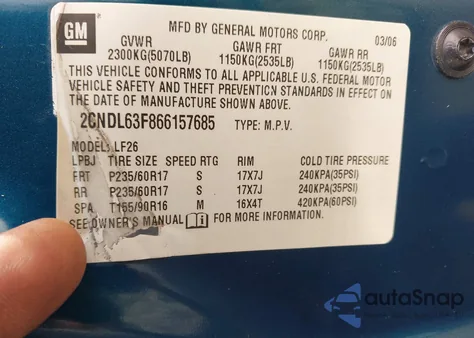 2006 Chevrolet Equinox Lt из США, поврежденный, VIN 2CNDL63F866157685